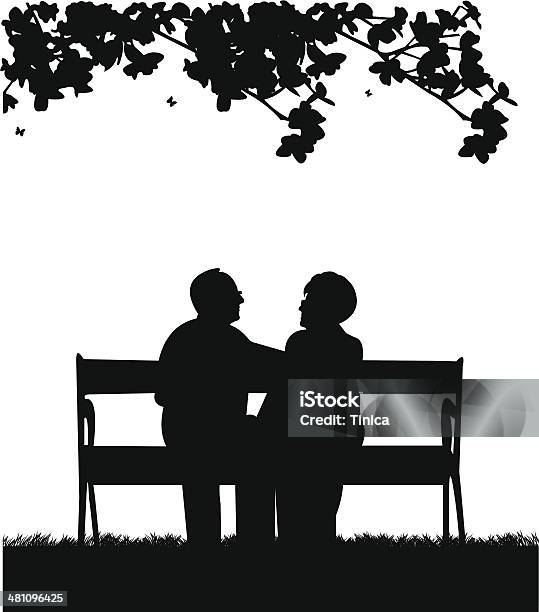 Lovely Retired Elderly Couple Sitting On Bench In Park Stock Illustration - Download Image Now