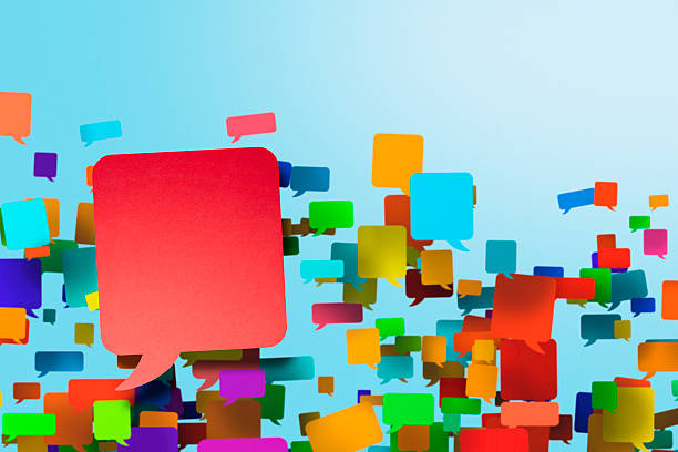 istock Hundreds of blank colourful speech bubbles floating upwards 481096525
