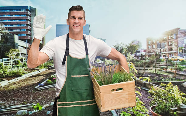 istock Smiling male gardener waving hand 481098224
