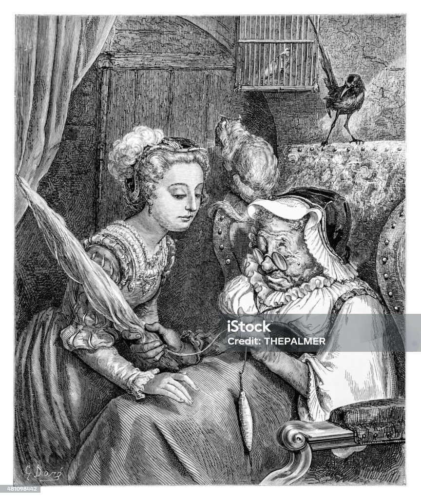 Fairy Tale Sleeping Beauty engraving Sleeping Beauty Princess and Fairy Spite in turret engraving by Gustave Doré 19th Century stock illustration