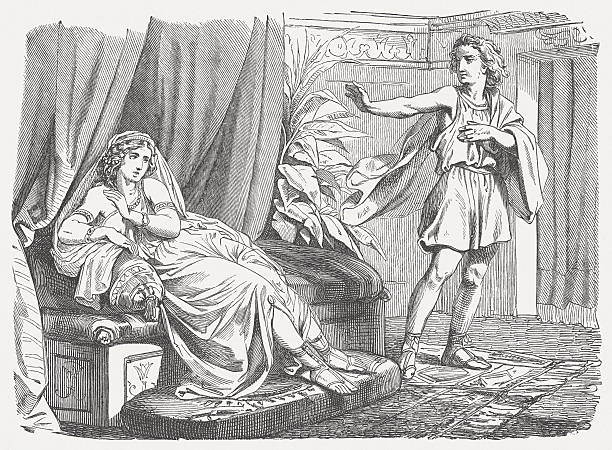 Joseph and Potiphar's Wife (Genesis 39), wood engraving, published 1877 Soon after these things, his master’s wife took notice of Joseph and said, “Have sex with me.” But he refused, saying to his master’s wife, “Look, my master does not give any thought to his household with me here, and everything that he owns he has put into my care. There is no one greater in this household than I am. He has withheld nothing from me except you because you are his wife. So how could I do such a great evil and sin against God?” (Genesis, Chapter 39, 7-9). Woodcut engraving after a drawing by Julius Schnorr von Carolsfeld (German painter, 1794 - 1872) from my archive, published in 1877. ehefrau stock illustrations