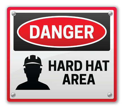 Danger hard hat area construction warning sign. EPS 10 file. Transparency effects used on highlight elements.