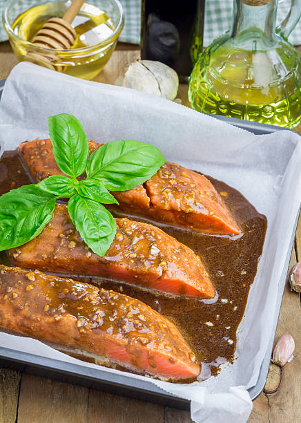 istock Salmon fillet with balsamic honey sauce in baking dish, raw 481101248