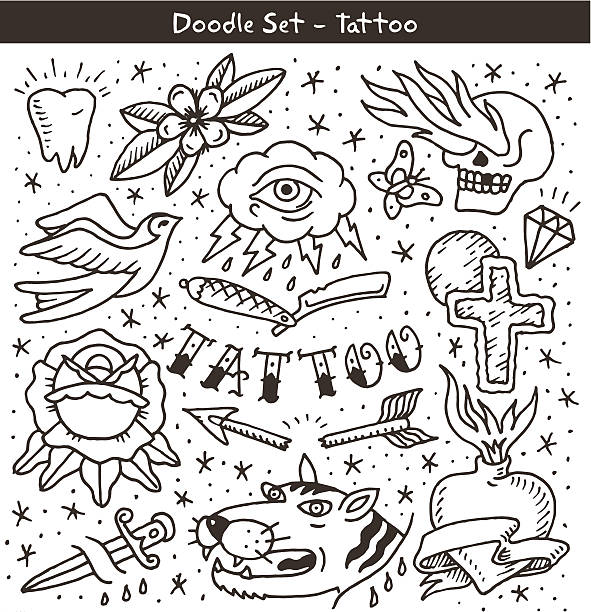 Tatuagem velha escola doodle conjunto - ilustração de arte em vetor