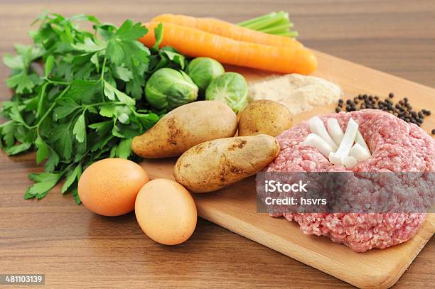 Mett With Onions Eggs And Vegetables Stock Photo - Download Image Now - Brussels Sprout, Egg - Food, Horizontal