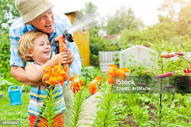 Grandmother And Grandson In The Garden Stock Photo - Download Image Now - Gardening, Senior Adult, Child