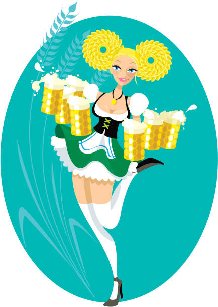 ilustrações de stock, clip art, desenhos animados e ícones de um tipicamente alemão empregada de mesa serve cerveja de oktoberfest. - oktoberfest dirndl beer german culture