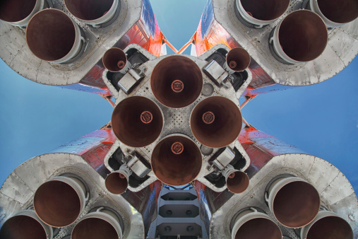Rocket engine nozzles of the Soyuz launch vehicle against blue sky