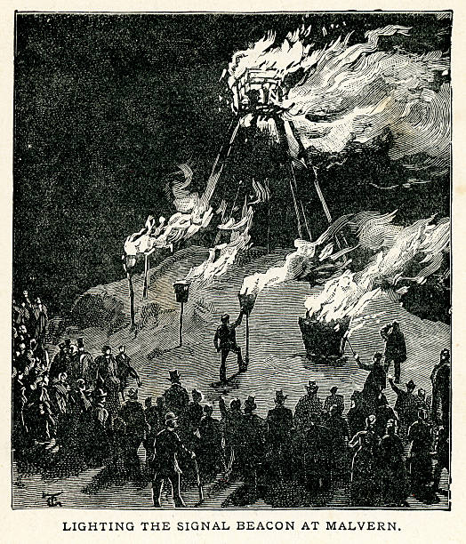 Lighting the Signal Beacon Vintage engraving of the Lighting the Signal Beacon at Malvern, Worcestershire, England for Queen Victoria's Jubilee smoke signal stock illustrations