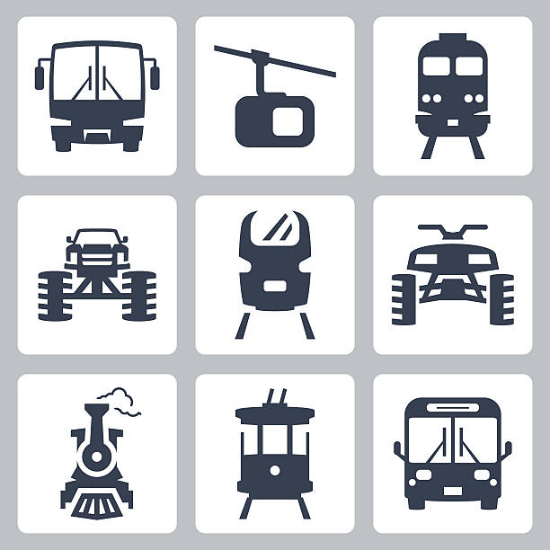 ilustrações de stock, clip art, desenhos animados e ícones de vector conjunto de ícones de transporte - train people cable car transportation