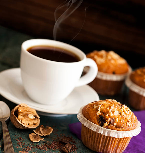 istock Muffin cakes in silver tray with cup of coffee 481111192