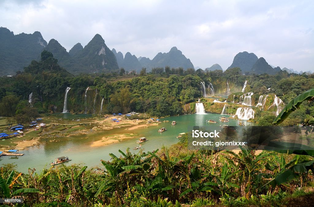 Detian waterfalls, panoramic view - Guangxi, China Scenics Detian Waterfalls, landscape view between the Chinese-Vietnam border. 2015 Stock Photo