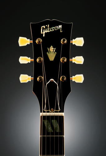 Paris, France - November 13, 2011: Gibson Les Paul Electric Guitar Headstock, shooting in a studio.