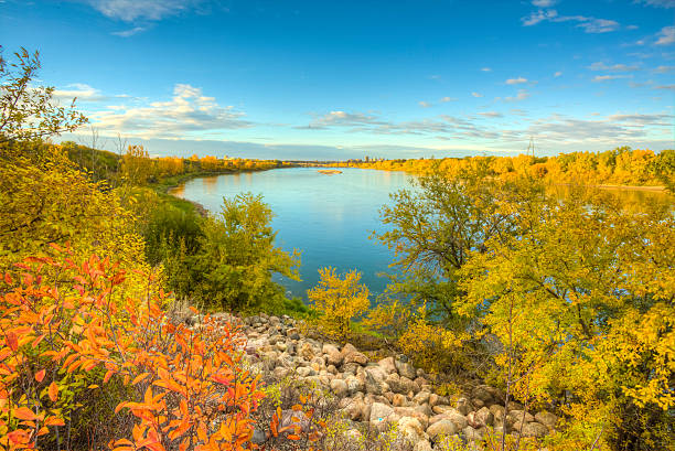 los colores del otoño con el río - saskatchewan fotografías e imágenes de stock