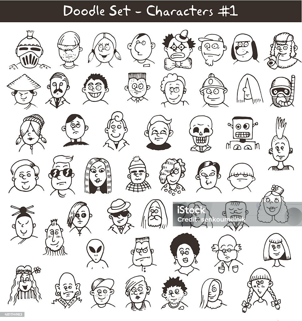 Doodle Drawings of People's Heads set of different doodle characters. Vector illustration. Doodle stock vector