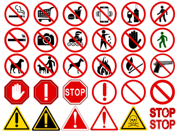 illustrazioni stock, clip art, cartoni animati e icone di tendenza di set di indicazioni per divers'attività proibite - red stop stop sign go