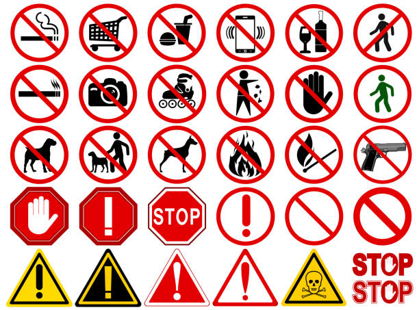 Set of  Signs for Different Prohibited Activities Set of  Signs for Different Prohibited Activities. "No" signs, No smoking, No drinking, No photographing, No dogs, No walk and other. Vector illustration - you can simply change color and size setter athlete stock illustrations