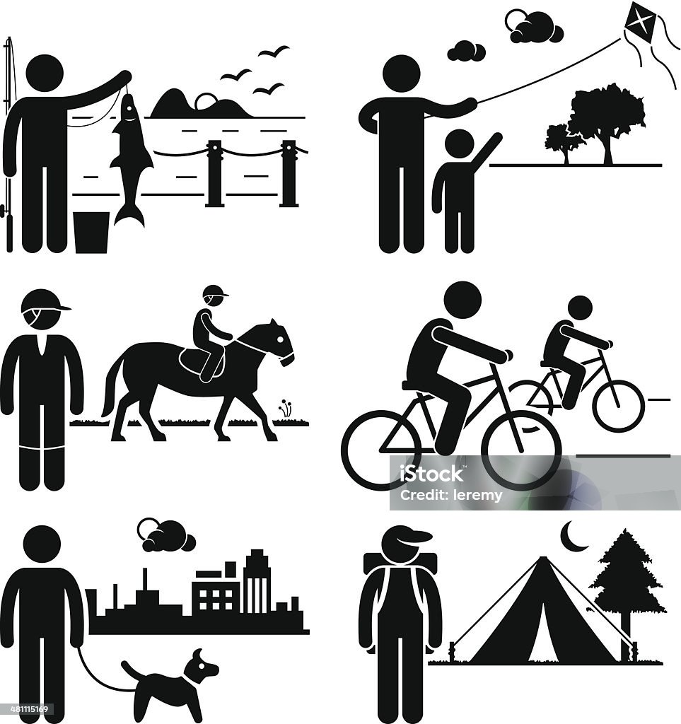 Recreational Outdoor Leisure Activities Clipart A set of human pictogram representing man recreational outdoor activities (fishing, kite surfing, horse riding, cycling, dog walking, and camping). Horse stock vector