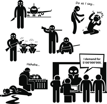 A set of human pictogram representing terrorist hijacking an airplane (with hostages) and demanding for ransom.