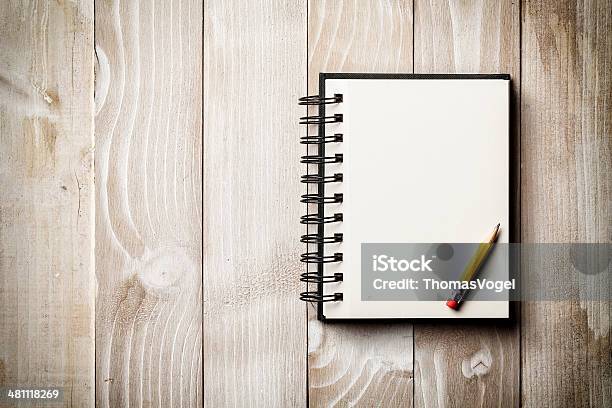 Sketch Block On Vintage Wood Pencil Notepad Diary Backgrounds Stock Photo - Download Image Now