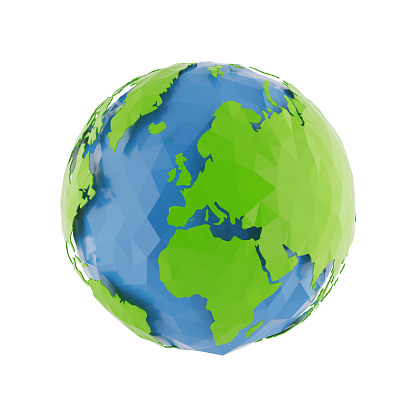 3d Globe Earth icon of the world in abstract triangle style on white background. Lowpoly stylized.