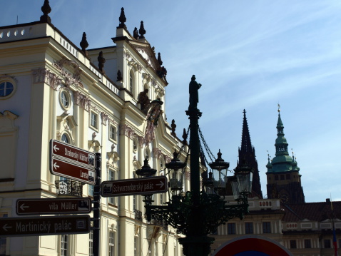 Prague, Czech Republic - May 29, 2012:  Signs pointing to various Prague landmarks and tourist destinations