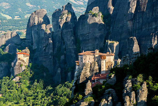 Meteora monasteries, the Holy Monastery of Roussanou at foreground, Greece stock photo