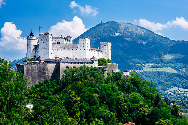 Salzburg, Austria - July 19, 2013: Hohensalzburg Castle in Salzburg, Austria on a sunny summer's day with tourists enjoying the view from the battlements.