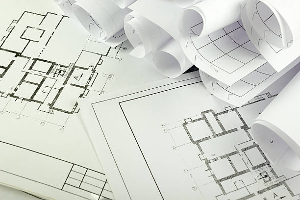 istock Architectural project, blueprints, divider compass, calipers, pencil, calculator on plans 481125188