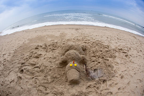istock Smiling sandy snowman on the sea beach 481127814