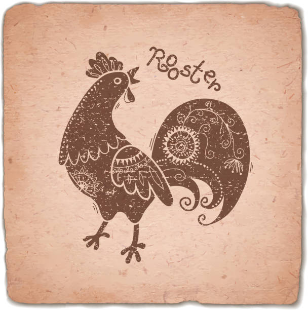 Rooster. Chinese Zodiac Sign. Silhouette with Ethnic Ornament. Horoscope Vintage Card. Vector illustration.