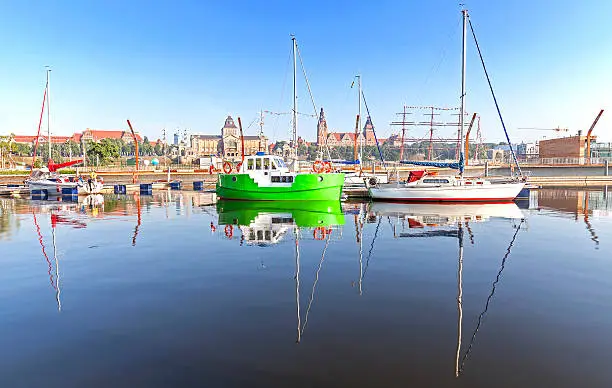 Marina with yachts at sunrise, Szczecin in Poland.