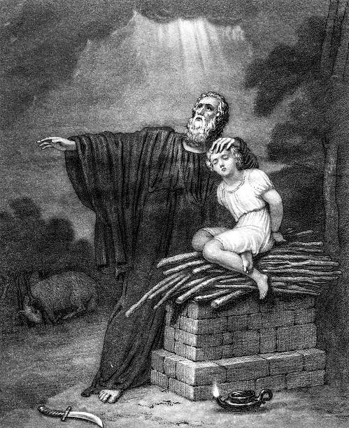 Abraham About To Sacrifice His Son Isaac Engraving from 1868 showing Abraham about to sacrifice his son Isaac as told in the Bible. father abraham stock illustrations