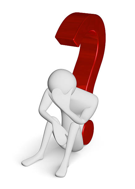 Sad 3d man sitting on ground leaning against question mark Sad 3d man sitting on ground leaning against question mark, holding his hand on head, isolated on white question mark depression sitting asking stock pictures, royalty-free photos & images