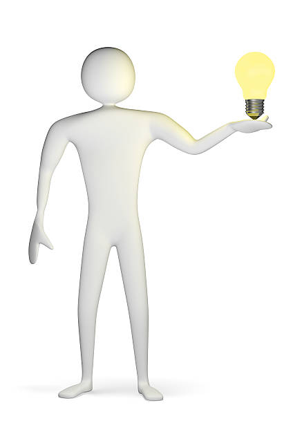 3 d の男、黄色照明バルブが彼のヤシの木 - light bulb business wisdom abstract ストックフォトと画像