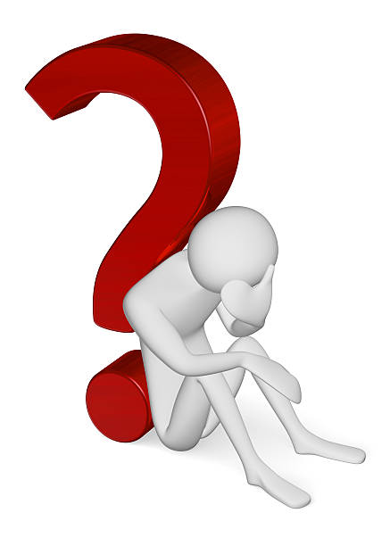 Sad 3d man sitting on ground leaning against question mark Sad 3d man sitting on ground leaning against question mark, holding his hand on head, isolated on white question mark depression sitting asking stock pictures, royalty-free photos & images