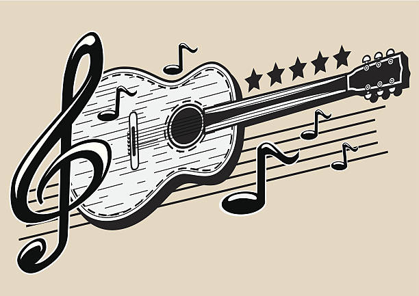 ilustraciones, imágenes clip art, dibujos animados e iconos de stock de guitarra & notas - country style