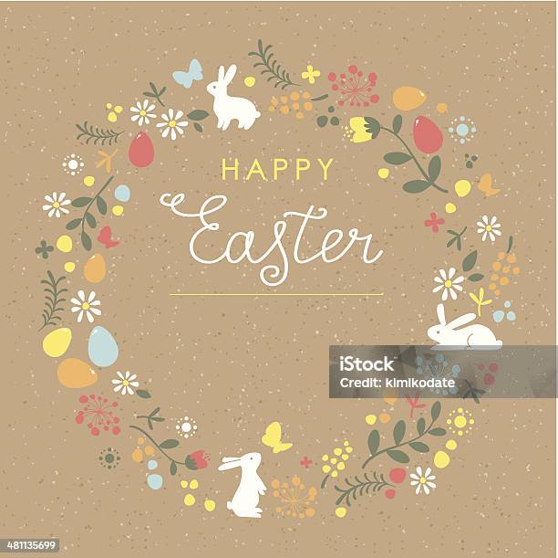 幸せなイースターのフローラルリース茶色の紙カード - イースターのベクターアート素材や画像を多数ご用意 - イースター, 花, グリーティングカード