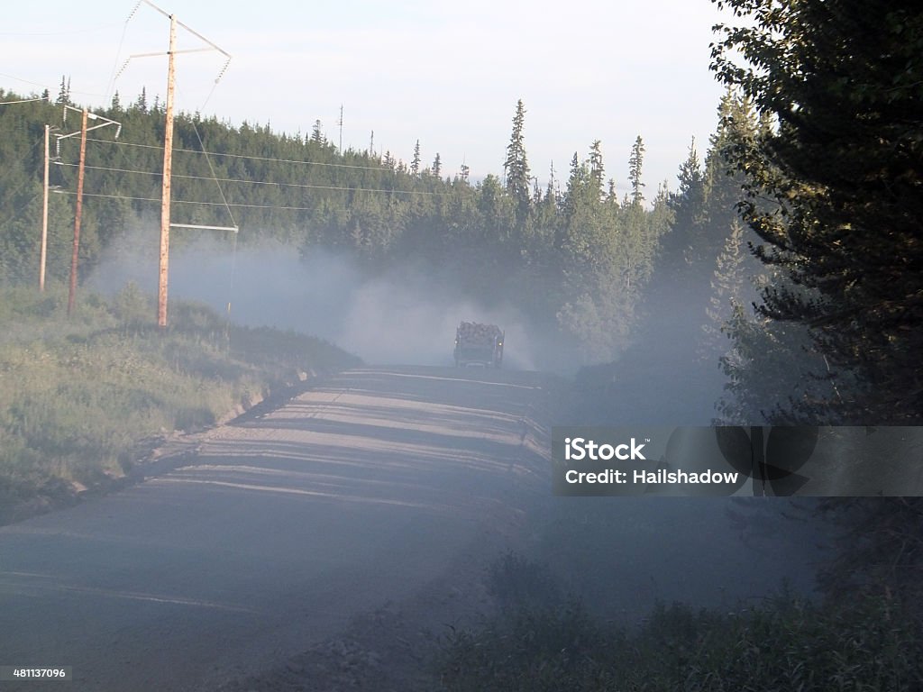 Timber Lorry Logging truck driving down a forestry road, leaving thick dust plume behind. 2015 Stock Photo