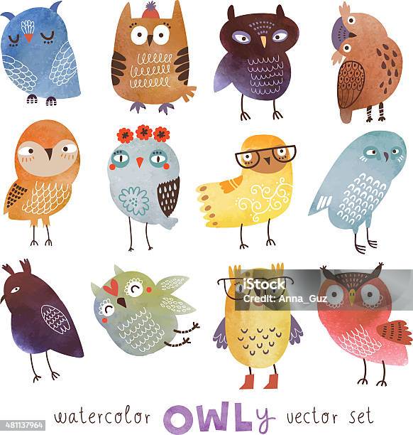 Owls Set Stock Illustration - Download Image Now - Owl, Cute, Watercolor Painting
