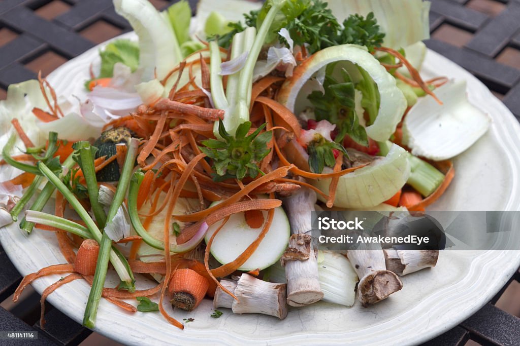 Compostable Vegetables Close up of a plate full of the compostable cuttings, scrapings, and peels of vegetables left over during preparation for Leftovers Stock Photo