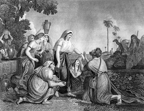 Engraving from 1868 showing Rebekah (Rebecca) at the well with Isaac.