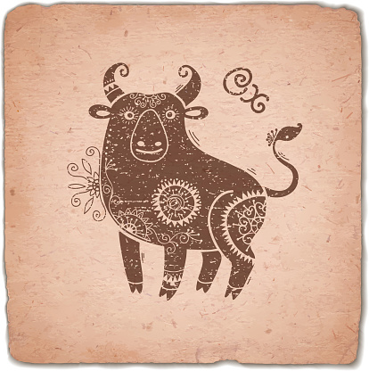 Ox. Chinese Zodiac Sign. Silhouette with Ethnic Ornament. Horoscope Vintage Card. Vector illustration.