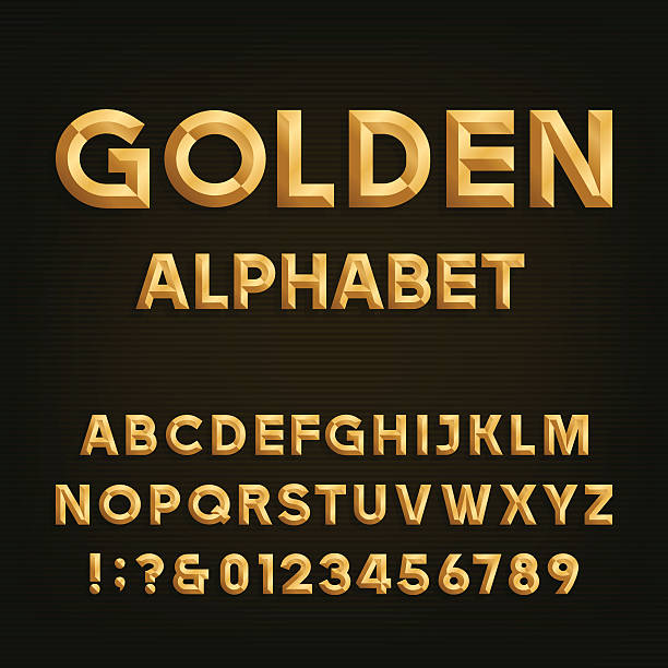 Golden Beveled Font. Vector Alphabet. Gold effect beveled letters, numbers and punctuation marks on a dark background. Stock vector font for your headlines, posters etc. chisel stock illustrations