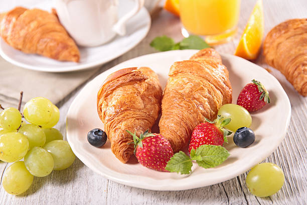 istock breakfast with coffee,croissant and fruits 481148298