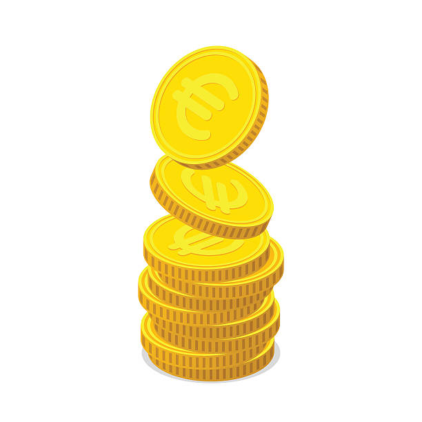 Coin stack Stack from golden coins with euro sign. Coins is falling from the top so stack is increasing. Income concept euro symbol stock illustrations