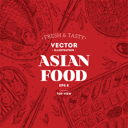 Asian Food Frame Linear Graphic Vector Illustration Stock Illustration ...