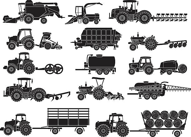 ilustrações de stock, clip art, desenhos animados e ícones de agrícolas silhuetas de máquina - tractor agricultural machinery agriculture commercial land vehicle