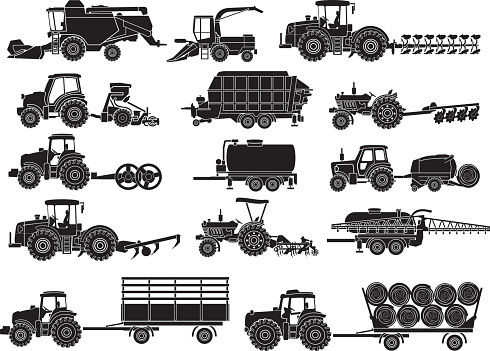 agricultural machine silhouettes set