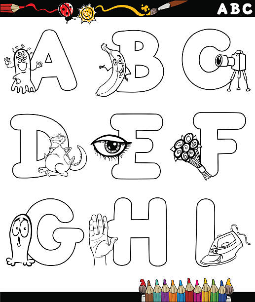 мультяшный алфавит цвета страницы - letter h alphabet education learning stock illustrations